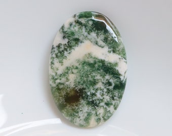 Op de afbeelding: Ovale groene en witte agaat cabochon met een draaiende patroon.