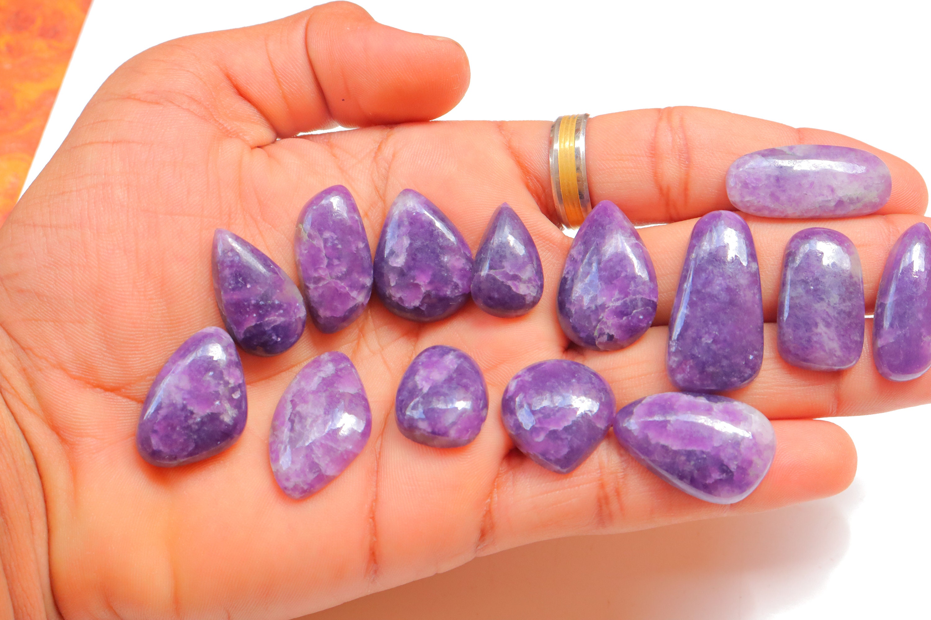 14個セット、パープルレピドライトカボション、天然パープル