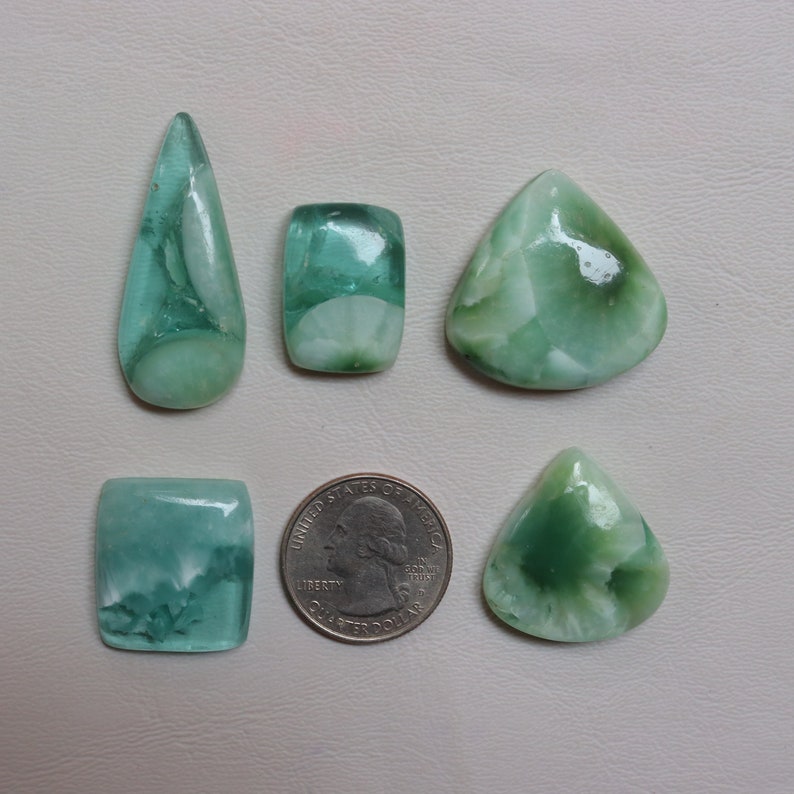 May include: Five green and white gemstone cabochons of varying shapes and sizes, including a teardrop, a rectangle, and a square. A US quarter is included for scale.
