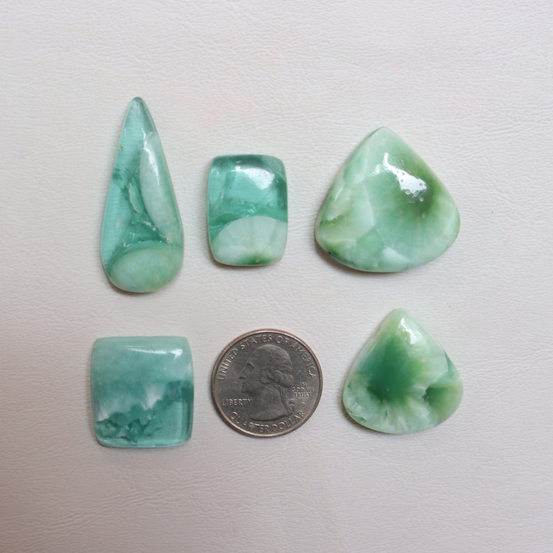 May include: Five green and white cabochon gemstones of various shapes and sizes, including a teardrop, square, rectangle, and two triangles. A US quarter is included for scale.