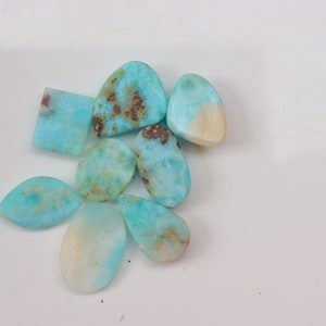May include: A collection of eight turquoise cabochons, some with brown inclusions, in various shapes and sizes. The cabochons are arranged on a white surface.