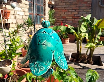 Hängeblüte / Blume /Glocke Keramik Deko Geschenk Orientblau halbtransparent mit Muster