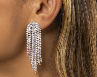 Crystal Earring, Wedding Earring Rhinestone Earring, Long Fringe Earring, Long Chain Tassel Earring, Bridal Party Earring. E71