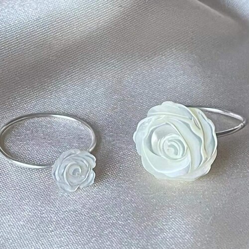 Flower Ring | Mother of Pearl Roses Ring | White Camellia Ring 925 Sterling Silver | Ceramic Flowers Ring shops | Carved Rose Ring