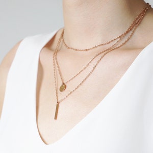 MELON Multi-Strand Y Chain Layered Chain with Pearl Medallion Bar Pendant in Titanium Rose Gold N92 Gold