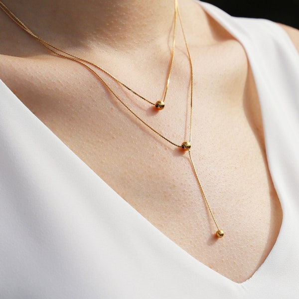 MELON zweireihige minimalistische Layering Damen Halskette mit Kugelanhänger vergoldeter Edelstahl Kugelkette Mädchen Ball Necklace 18k N54