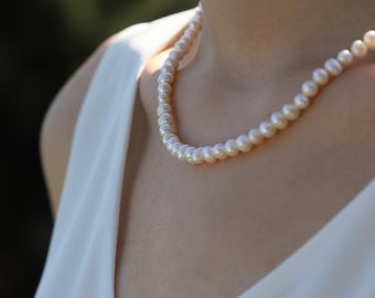 Elegant natural pearl necklace | Basic Freshwater Pearl Necklace | White Pearl Necklace 925 Sterling Silver | Wedding bridal jewelry PN33