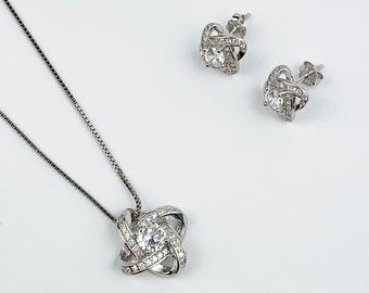 MELON Damen Ohrringe Halskette mit Knotenanhänger aus 925 Sterling Silber Schmuckset | Geschenkset | Twisted Jewellery Set N68G + E32
