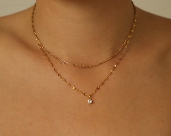 Multi-row necklace with zirconia stone pendant | Minimalist necklace layering stackable. N57