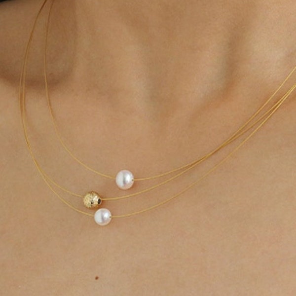 Minimalistische Perlen Halskette | Mehrreihige Perlen Halskette | Süßwasser Perlen Collier | Perlen Halsreif am Stahlseil 18k vergoldet PN39