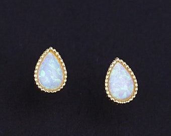 Sterling Silver Opal Droplet Stud Earrings, Tiny Opal Vintage Stud, Gold plated Teardrop White Opal Earrings, Pear Cut Opal Earrings E21
