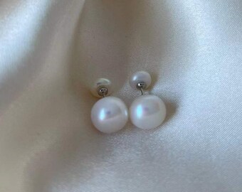 Double Bead Earrings 925 Silver | Double Sided Freshwater Pearl Earrings | Bridal Jewelry Mother's Day Gift Easter.  PE02