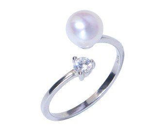 Bague perle zircone cubique | Bague ouverte en perles d'eau douce CZ 925 en argent sterling | Anneau minimaliste | Anneau de pile de superposition. PR10