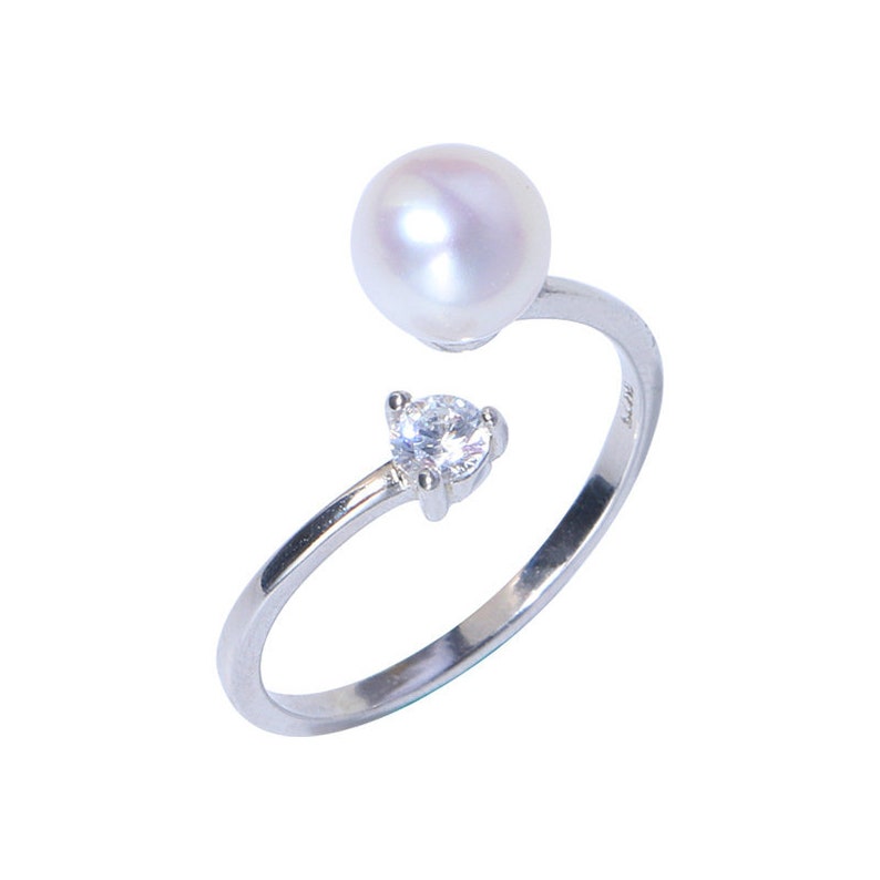 Bague perle zircone cubique Bague ouverte en perles d'eau douce CZ 925 en argent sterling Anneau minimaliste Anneau de pile de superposition. PR10 image 1