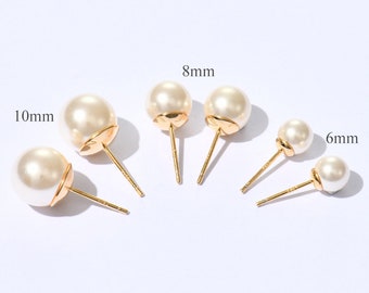 Pendientes redondos de perlas de MELÓN | Perlas blancas 14k pendientes de oro tachuelas plata genuina | Pendientes Swarovski Beads 6 mm 8 mm | Joyería nupcial PE22W