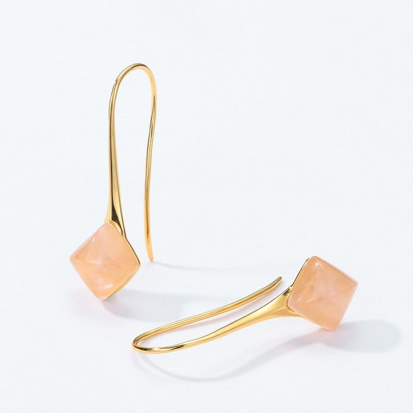 Elegant Rose Quartz Earrings 10k Vermeil | Square Rose Crystal Hanging Earrings Gold | Minimalist earrings. E49