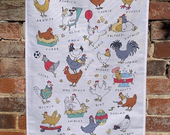 AlphaChicks Cotton Tea Towel, Chicken-lovers' gift, kitchen accessories gift, Chicken homewares