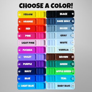 Color sample page. Yellow, orange, red, pink, light pink, fuchsia, violet, purple, navy, blue, light blue, black, dark gray, silver, gray, white, vanilla, brown, green, apple green, teal, baby blue.