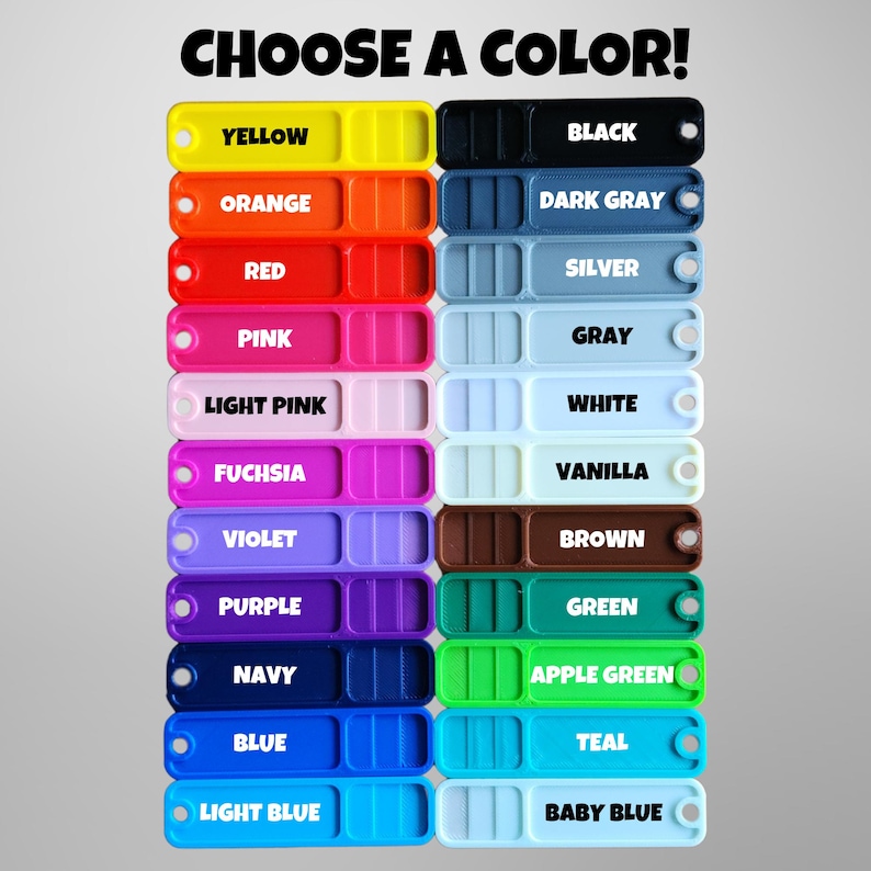 Color sample page. Yellow, orange, red, pink, light pink, fuchsia, violet, purple, navy, blue, light blue, black, dark gray, silver, gray, white, vanilla, brown, green, apple green, teal, baby blue.