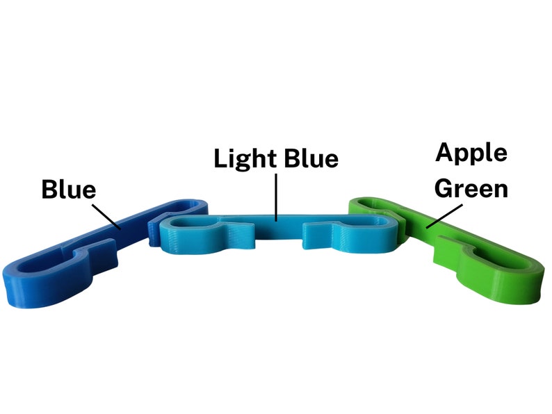 Blue, light blue, and apple green sternum clips for drawstring bag