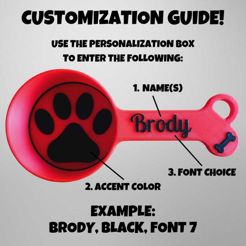 Customization guide with a red and black dog food scoop. Use the personalization box to enter the following: name, accent color, and font choice. At the bottom is an example of Brody, Black, Font 7