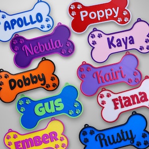 May include: Ten colorful bone-shaped dog tags with paw print designs and personalized names, including Apollo, Poppy, Kaya, Kairi, Fiana, Gus, Ember, Rusty, Nebula, and Dobby.