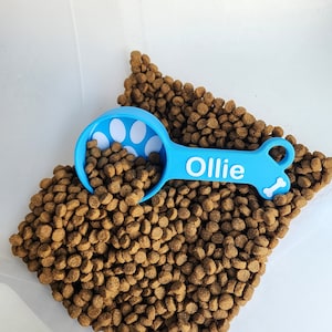 A light blue 1/2 cup dog food scoop with white accent for Ollie sitting in a container of dog food, the scoop is half filled with dog food
