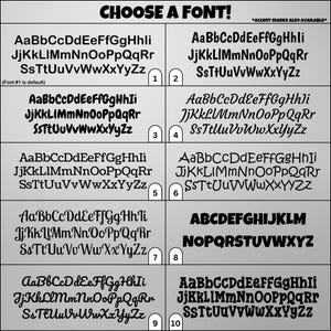 Font options page of 10 font choices.