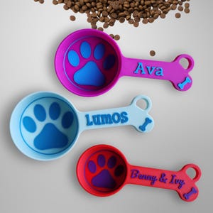 A fuchsia scoop with light blue accent, name Ava. A baby blue scoop with teal accent, name Lumos. A red scoop with purple accent, names Benny and Ivy.
