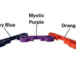 Navy blue, purple, and orange string backpack clips