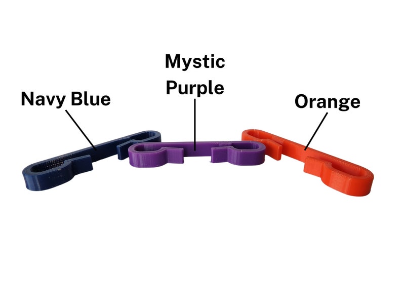 Navy blue, purple, and orange string backpack clips
