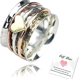 Self Love Spinner Heart Ring Silver Plain Hammered Spinner Band Rings Anxiety Relief Heart Design Fidget Spinner Wide Band Ring