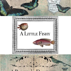 Może przedstawiać: Ilustracja w stylu vintage ryby z tekstem "A Little Fishy" w ozdobnej ramie. Obraz jest otoczony tłem ze starego, drukowanego tekstu i motyli.