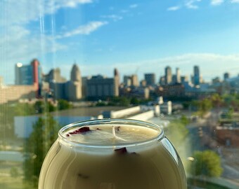 Bamboo and Rose Intention candle with quartz stones inside