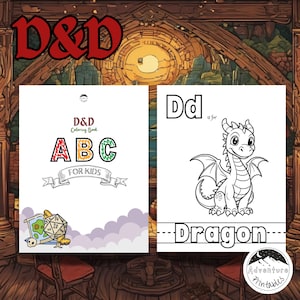 May include: A black and white coloring page featuring a cartoon dragon with the letter "Dd" and the word "Dragon" written below. The page is titled "D&D Coloring Book" and includes the letters "ABC" in red, yellow, and green. The page also includes a small image of a Dungeons and Dragons die.