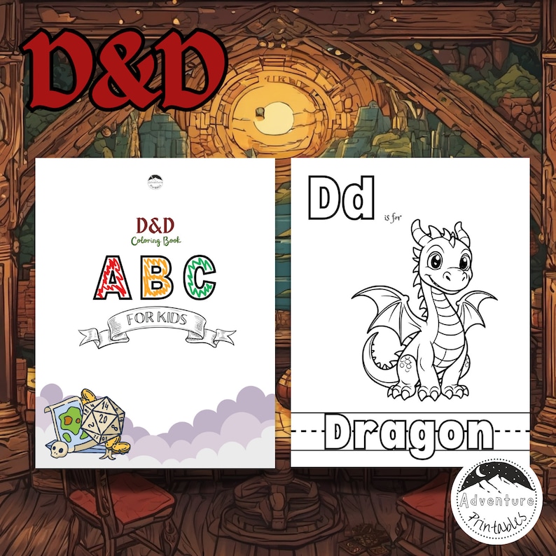 May include: A black and white coloring page featuring a cartoon dragon with the letter "Dd" and the word "Dragon" written below. The page is titled "D&D Coloring Book" and includes the letters "ABC" in red, yellow, and green. The page also includes a small image of a Dungeons and Dragons die.