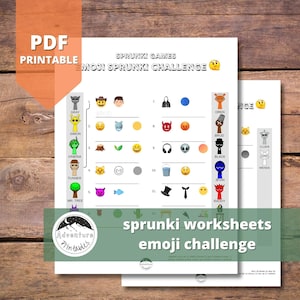 Może przedstawiać: Wydrukowany arkusz PDF zatytułowany "Emoji Sprunki Challenge" z różnymi grami opartymi na emoji. Arkusz zawiera zielony baner z tekstem "sprunki worksheets emoji challenge" i logo Adventure Printables. Tło to drewniana powierzchnia.