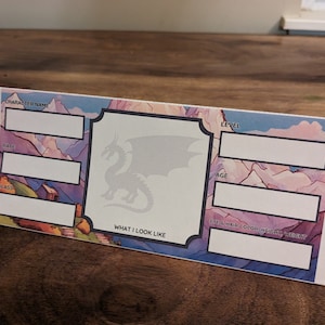 May include: A character sheet for a role-playing game featuring a dragon silhouette in the centre. The sheet has fields for character name, race, class, level, age, eye and hair colour, height, weight, and a section for describing what the character looks like.