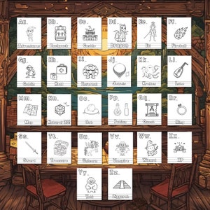 May include: A black and white illustrated alphabet chart featuring fantasy and adventure themed images. Each letter is paired with an image and a word, such as "A" for "Adventurer", "B" for "Backpack", and "C" for "Castle".