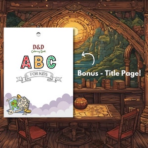 May include: A white coloring book cover with a red, blue, and green ABC design. The title reads "D&D Coloring Book ABC for Kids". The cover is set against a background of a fantasy-themed tavern with a wooden table and chairs.
