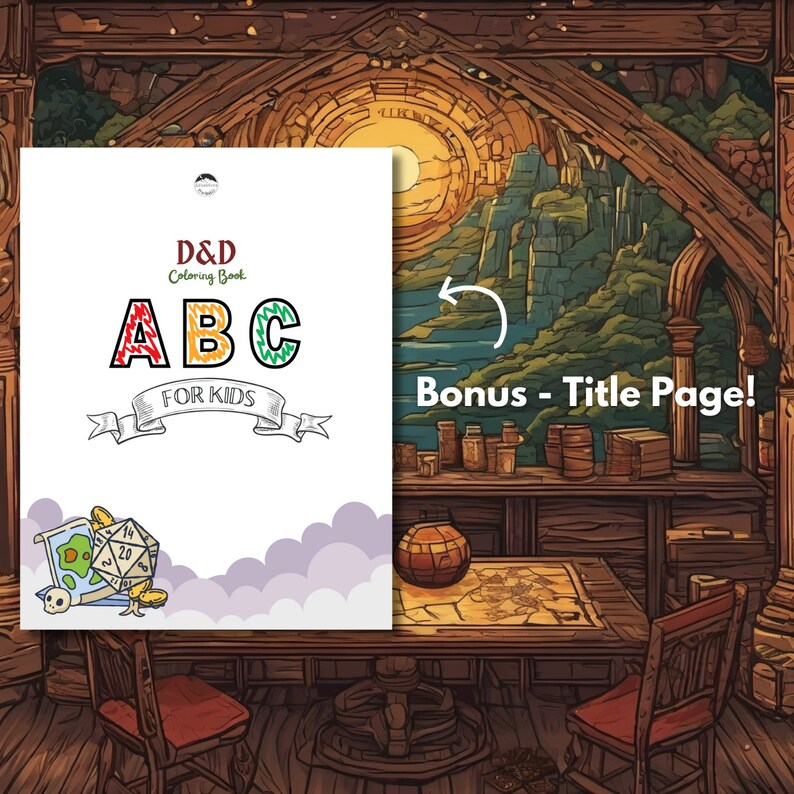 May include: A white coloring book cover with a red, blue, and green ABC design. The title reads "D&D Coloring Book ABC for Kids". The cover is set against a background of a fantasy-themed tavern with a wooden table and chairs.
