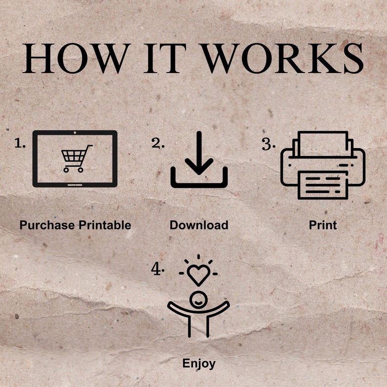 May include: A diagram showing how to purchase, download, print, and enjoy a printable. The steps are numbered 1 through 4. The diagram includes icons for a tablet, a download arrow, a printer, and a person with a heart.