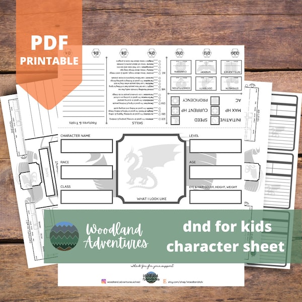 DnD Character Sheet Set • Kid Friendly • Spell Cards • PDF