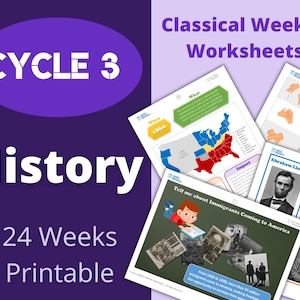 Puede incluir: Un conjunto de hojas de trabajo de historia imprimibles para el Ciclo 3, con un fondo morado y el texto "CYCLE 3 History 24 Weeks Printable". Las hojas de trabajo cubren temas como la Guerra Civil y la inmigración.