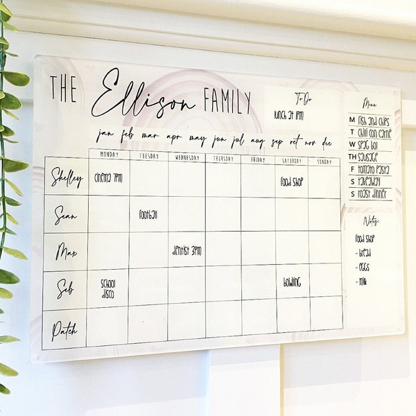 Weekly Family Planner Whiteboard - Large Wipe Clean Organiser - Personalised Dry Wipe Planner - Family Acrylic Weekly Wall Planner