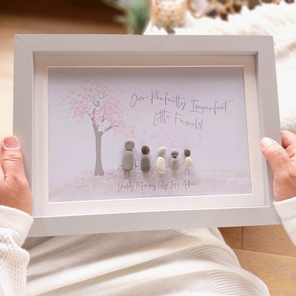 Personalised Family Pebble Picture - Framed Pebble - Family Pebble Art - Gifts For Her - Mother's Day Birthday Gift - Family Blossom Tree