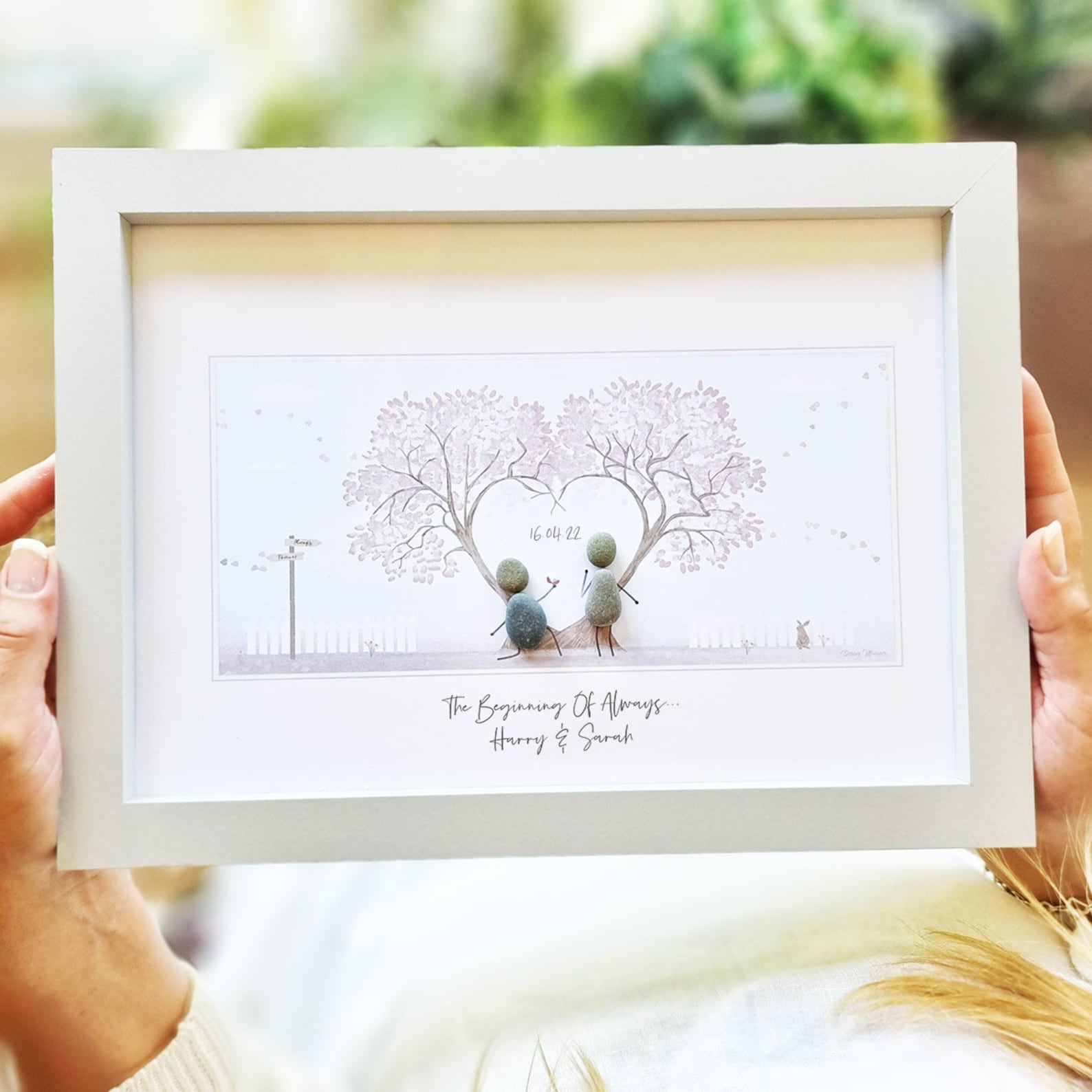 Personalised Engagement Love Tree Him & Her Pebble Picture - Framed ...