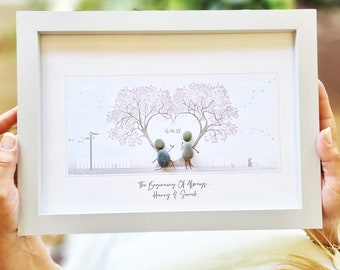 Personalised Engagement Love Tree Him & Her Pebble Picture - Framed Pebble - Proposal Pebble Art Gift - Engagement/Proposal Love Tree