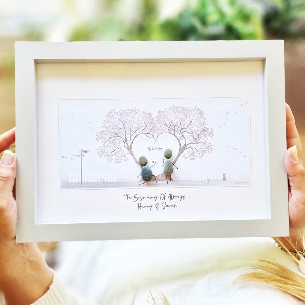 Personalised Engagement Love Tree Him & Her Pebble Picture - Framed Pebble - Proposal Pebble Art Gift - Engagement/Proposal Love Tree