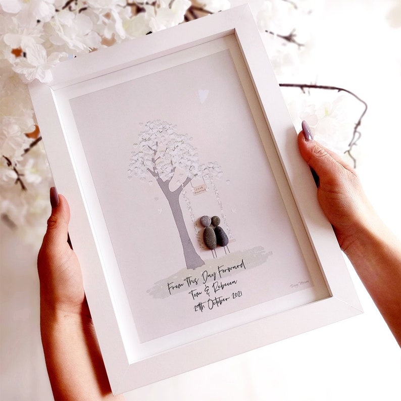 Personalised Wedding Pebble Picture - Framed Pebble - Wedding Gift - Him & Her Pebble Art Gift - Wedding Swing 